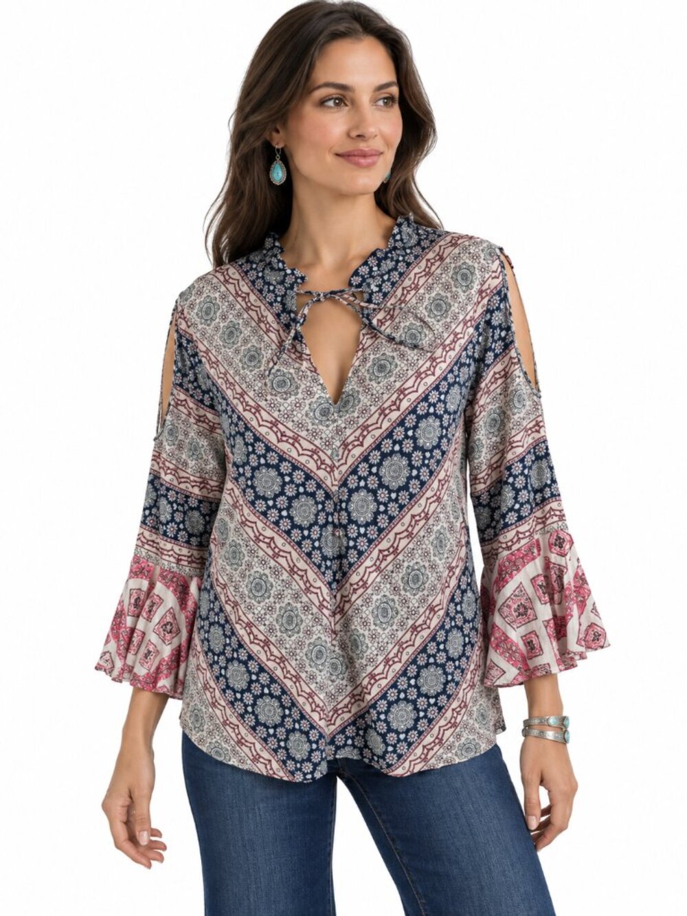 Umgee Boho Paisley Peasant Tunic Top Navy Blue Multicolor Size S Festival
